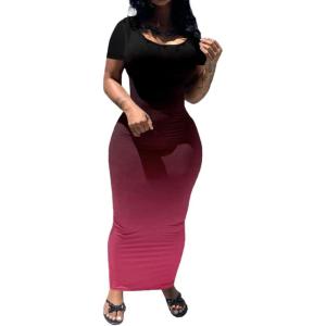 imagePINSV Womens Casual Bodycon Maxi Dress Summer Scoop Neck Short Sleeve Long Fitted Dresses Club PartyBlack Pink Gradient