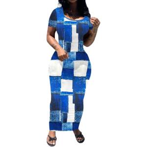 imagePINSV Womens Casual Bodycon Maxi Dress Summer Scoop Neck Short Sleeve Long Fitted Dresses Club PartyBlue Checkered Print