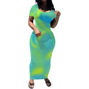 imagePINSV Womens Casual Bodycon Maxi Dress Summer Scoop Neck Short Sleeve Long Fitted Dresses Club PartyBlue Green Blend Printing