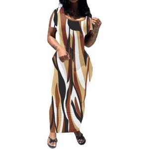 imagePINSV Womens Casual Bodycon Maxi Dress Summer Scoop Neck Short Sleeve Long Fitted Dresses Club PartyBrown Striped Print
