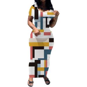 imagePINSV Womens Casual Bodycon Maxi Dress Summer Scoop Neck Short Sleeve Long Fitted Dresses Club PartyColorful Checkered Print