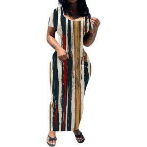 imagePINSV Womens Casual Bodycon Maxi Dress Summer Scoop Neck Short Sleeve Long Fitted Dresses Club PartyColorful Striped Print