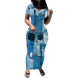imagePINSV Womens Casual Bodycon Maxi Dress Summer Scoop Neck Short Sleeve Long Fitted Dresses Club PartyCowboy Plaid Print