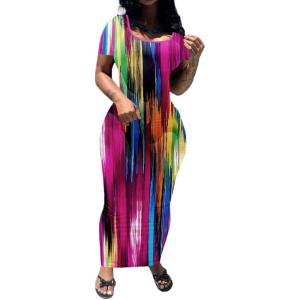 imagePINSV Womens Casual Bodycon Maxi Dress Summer Scoop Neck Short Sleeve Long Fitted Dresses Club PartyRose Red Camouflage Print