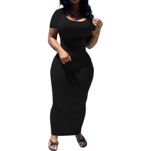 imagePINSV Womens Casual Bodycon Maxi Dress Summer Scoop Neck Short Sleeve Long Fitted Dresses Club PartySolid Black