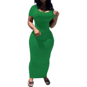 imagePINSV Womens Casual Bodycon Maxi Dress Summer Scoop Neck Short Sleeve Long Fitted Dresses Club PartySolid Green
