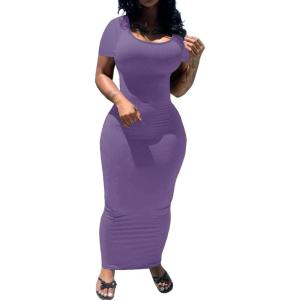 imagePINSV Womens Casual Bodycon Maxi Dress Summer Scoop Neck Short Sleeve Long Fitted Dresses Club PartySolid Purple