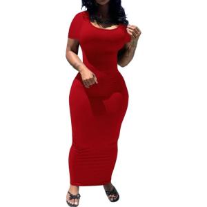 imagePINSV Womens Casual Bodycon Maxi Dress Summer Scoop Neck Short Sleeve Long Fitted Dresses Club PartySolid Red
