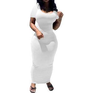 imagePINSV Womens Casual Bodycon Maxi Dress Summer Scoop Neck Short Sleeve Long Fitted Dresses Club PartySolid White