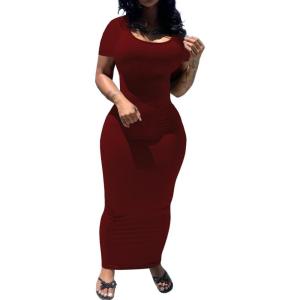 imagePINSV Womens Casual Bodycon Maxi Dress Summer Scoop Neck Short Sleeve Long Fitted Dresses Club PartySolid Wine Red