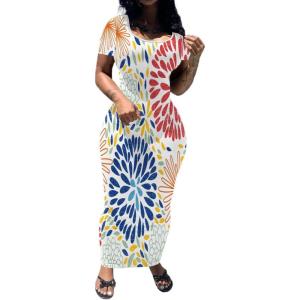 imagePINSV Womens Casual Bodycon Maxi Dress Summer Scoop Neck Short Sleeve Long Fitted Dresses Club PartyWhite Floral Print