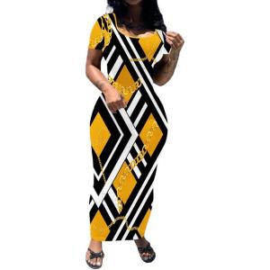 imagePINSV Womens Casual Bodycon Maxi Dress Summer Scoop Neck Short Sleeve Long Fitted Dresses Club PartyYellow Chain Print