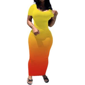 imagePINSV Womens Casual Bodycon Maxi Dress Summer Scoop Neck Short Sleeve Long Fitted Dresses Club PartyYellow Orange Gradient