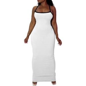 imagePINSV Womens Summer Slip Dresses Spaghetti Strap Bodycon Maxi Dress CasualWhite a