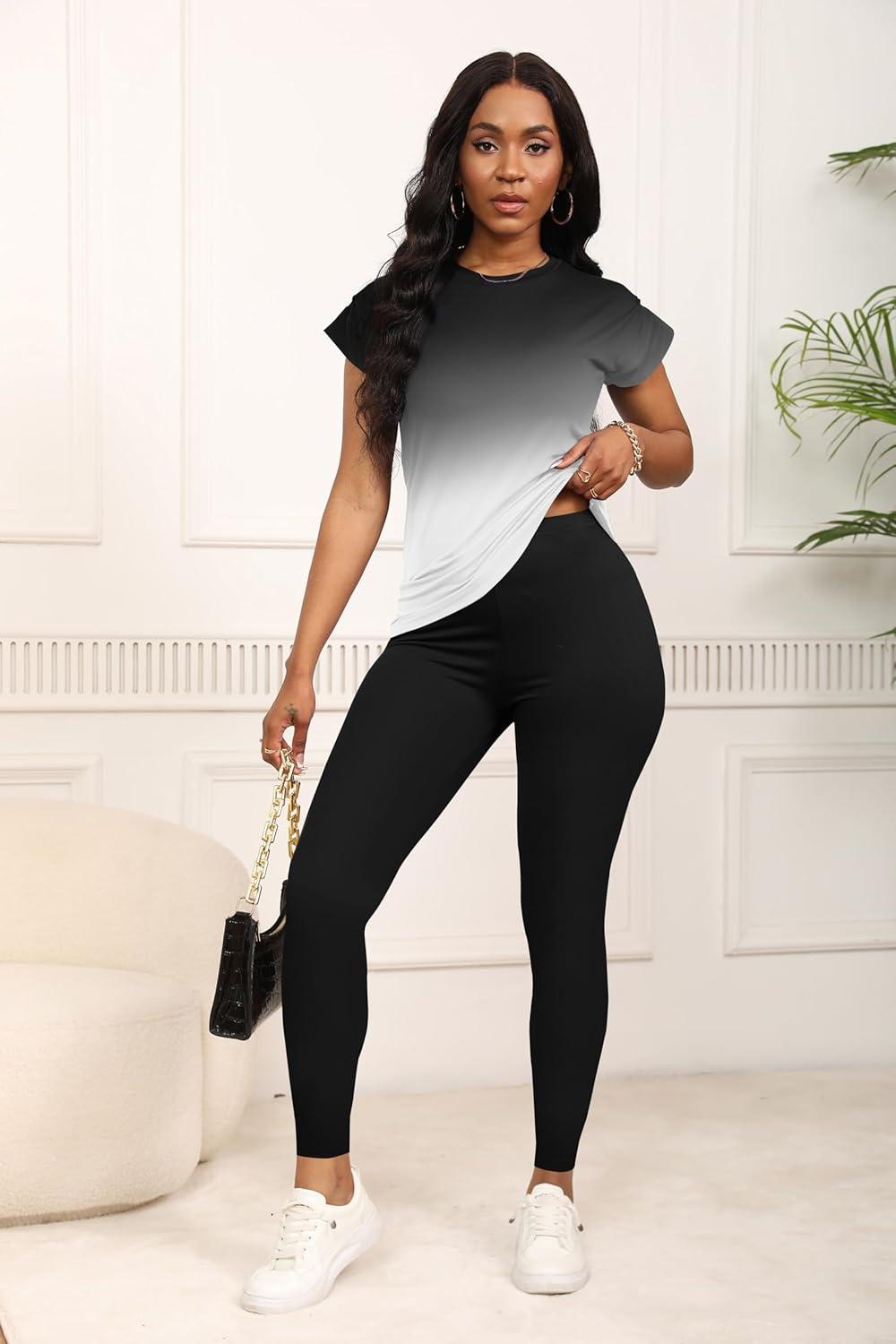 imagePINSV Women 2 Piece Outfits Summer Sweatsuits Track Suits Short Tops Long Pant Sweat Suit Legging Jogger SetsGradient Black