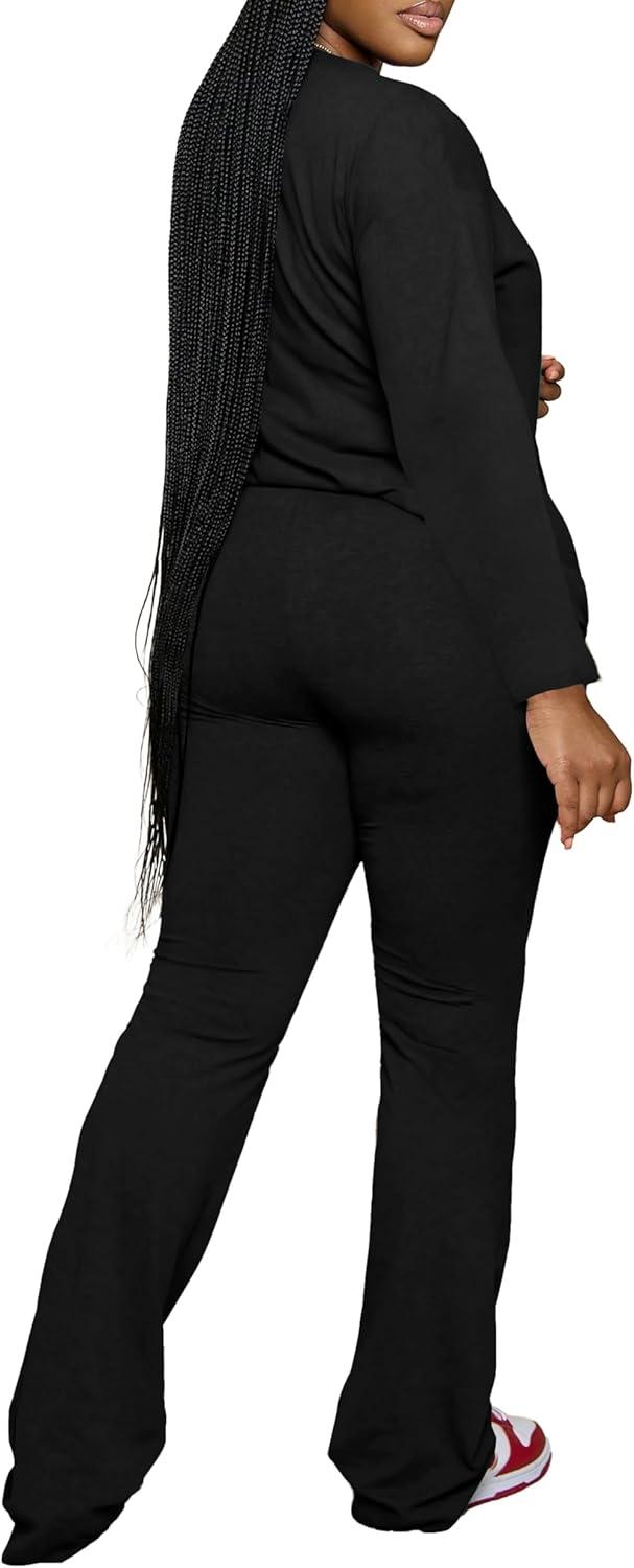 imagePINSV Womens 2 Piece Outfits Casual Sets Long Sleeve Top and Flare Pants Lounge Sets TracksuitBlack