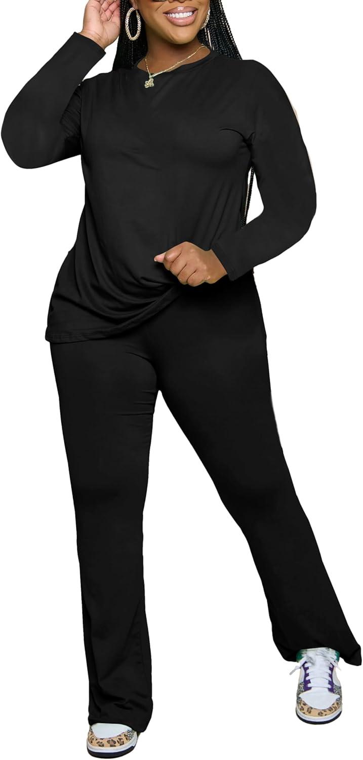 imagePINSV Womens 2 Piece Outfits Casual Sets Long Sleeve Top and Flare Pants Lounge Sets TracksuitBlack