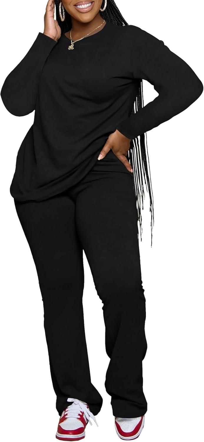 imagePINSV Womens 2 Piece Outfits Casual Sets Long Sleeve Top and Flare Pants Lounge Sets TracksuitBlack
