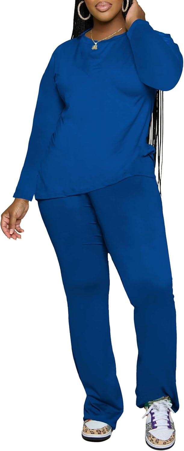 imagePINSV Womens 2 Piece Outfits Casual Sets Long Sleeve Top and Flare Pants Lounge Sets TracksuitBlue
