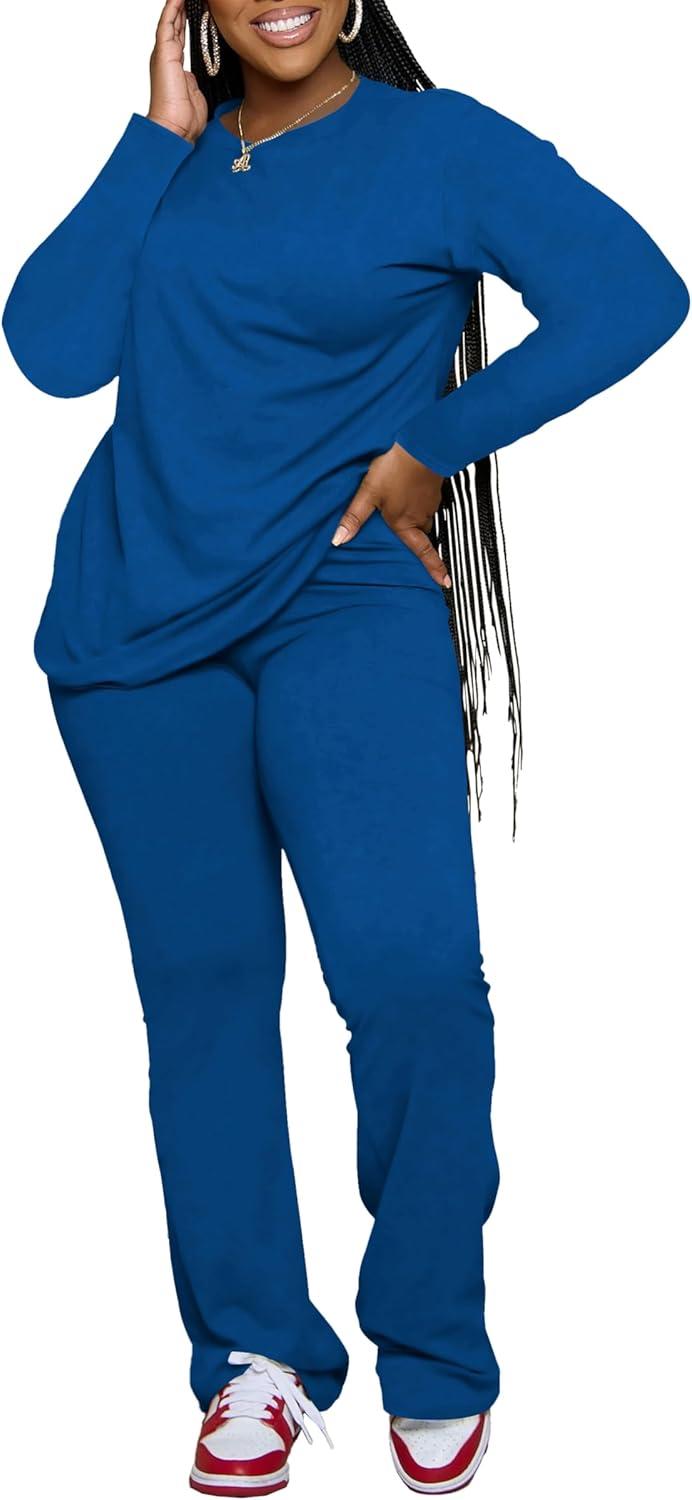 imagePINSV Womens 2 Piece Outfits Casual Sets Long Sleeve Top and Flare Pants Lounge Sets TracksuitBlue