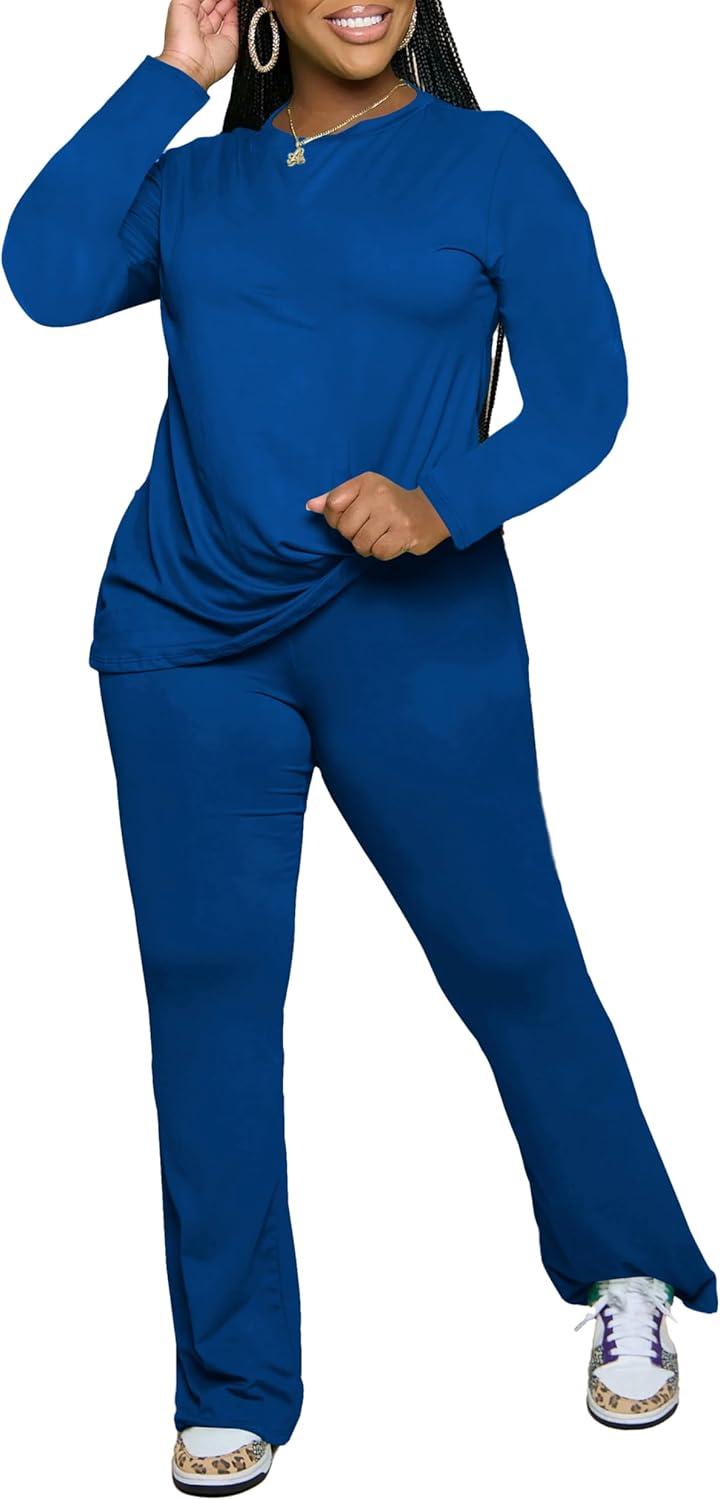imagePINSV Womens 2 Piece Outfits Casual Sets Long Sleeve Top and Flare Pants Lounge Sets TracksuitBlue