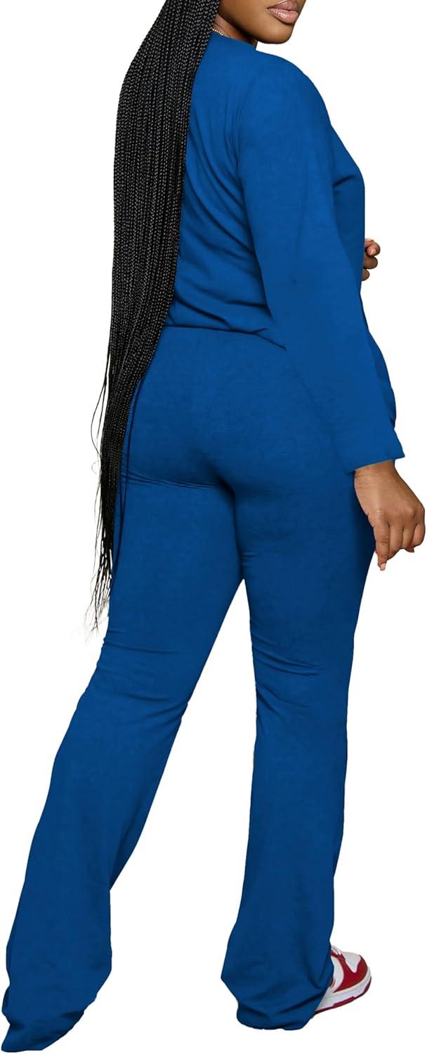 imagePINSV Womens 2 Piece Outfits Casual Sets Long Sleeve Top and Flare Pants Lounge Sets TracksuitBlue