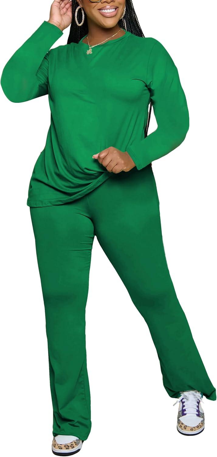 imagePINSV Womens 2 Piece Outfits Casual Sets Long Sleeve Top and Flare Pants Lounge Sets TracksuitGreen