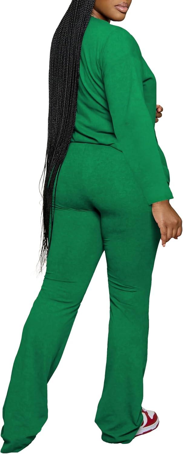 imagePINSV Womens 2 Piece Outfits Casual Sets Long Sleeve Top and Flare Pants Lounge Sets TracksuitGreen