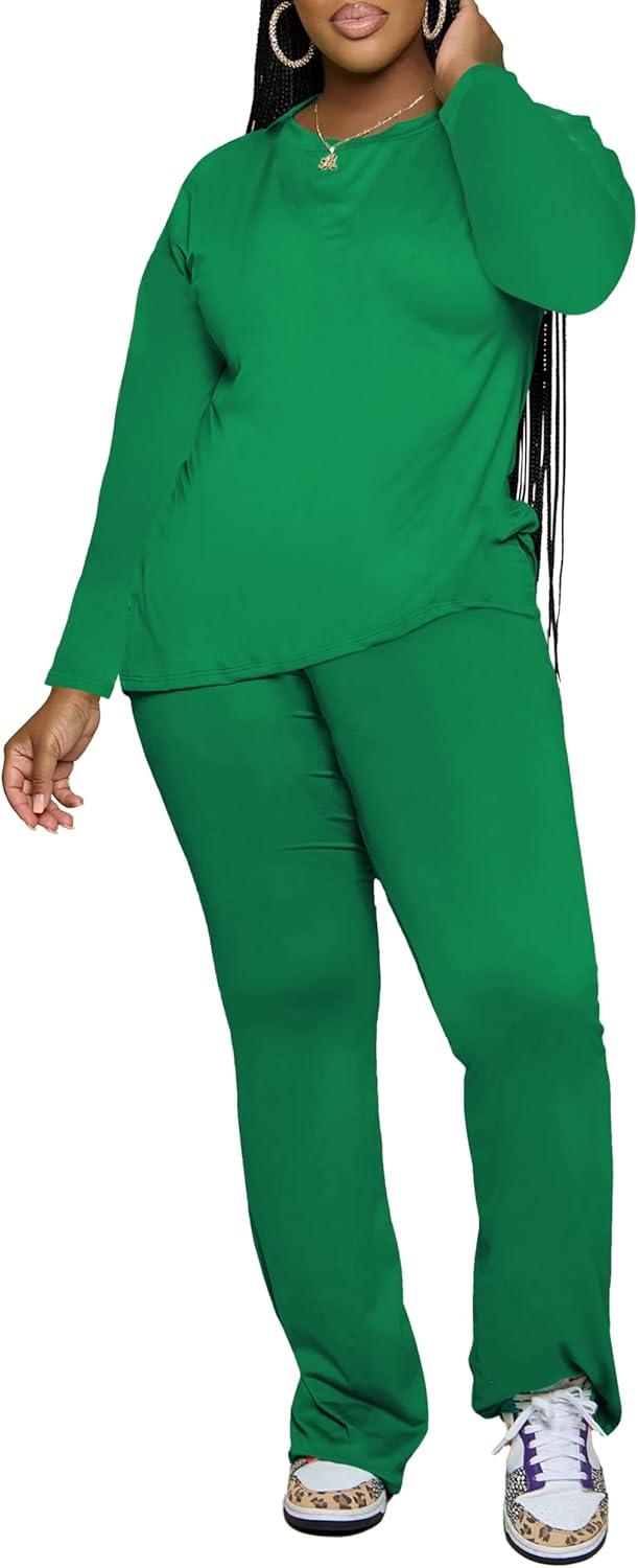 imagePINSV Womens 2 Piece Outfits Casual Sets Long Sleeve Top and Flare Pants Lounge Sets TracksuitGreen