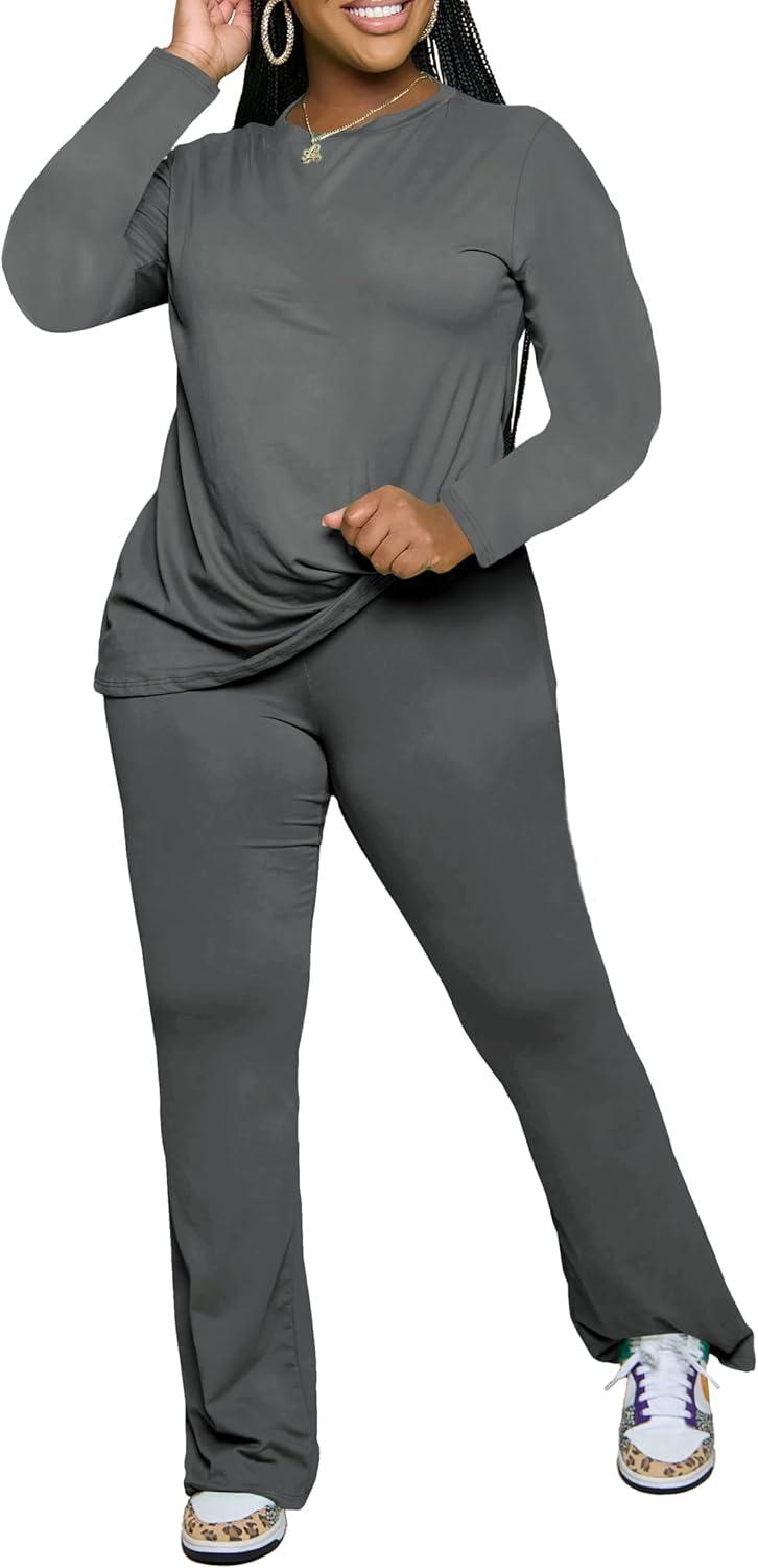 imagePINSV Womens 2 Piece Outfits Casual Sets Long Sleeve Top and Flare Pants Lounge Sets TracksuitGrey