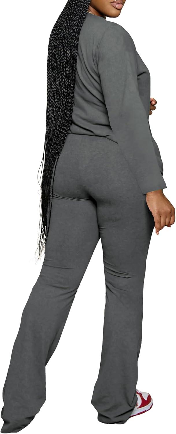 imagePINSV Womens 2 Piece Outfits Casual Sets Long Sleeve Top and Flare Pants Lounge Sets TracksuitGrey