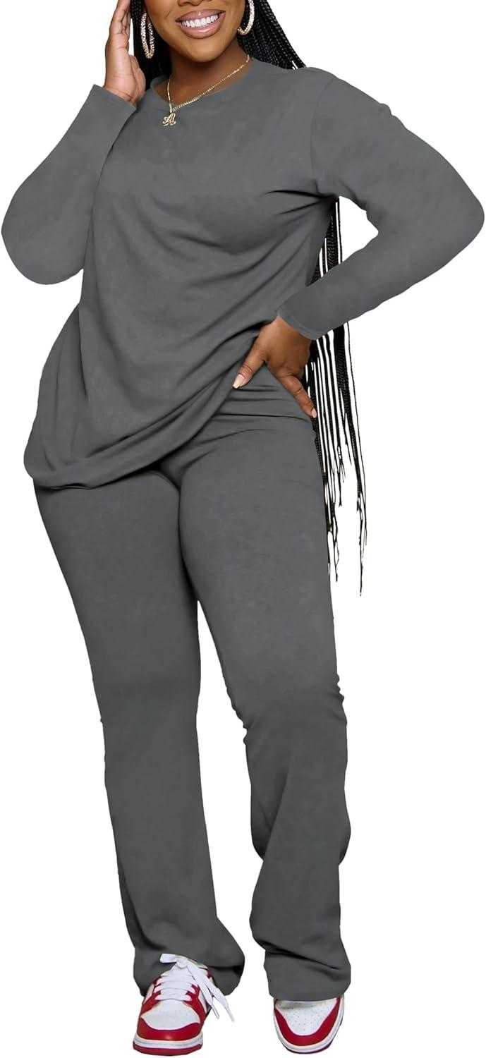 imagePINSV Womens 2 Piece Outfits Casual Sets Long Sleeve Top and Flare Pants Lounge Sets TracksuitGrey