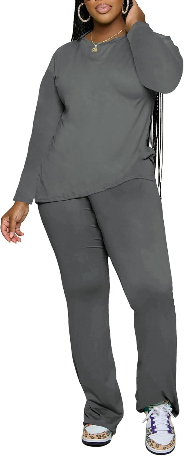 imagePINSV Womens 2 Piece Outfits Casual Sets Long Sleeve Top and Flare Pants Lounge Sets TracksuitGrey