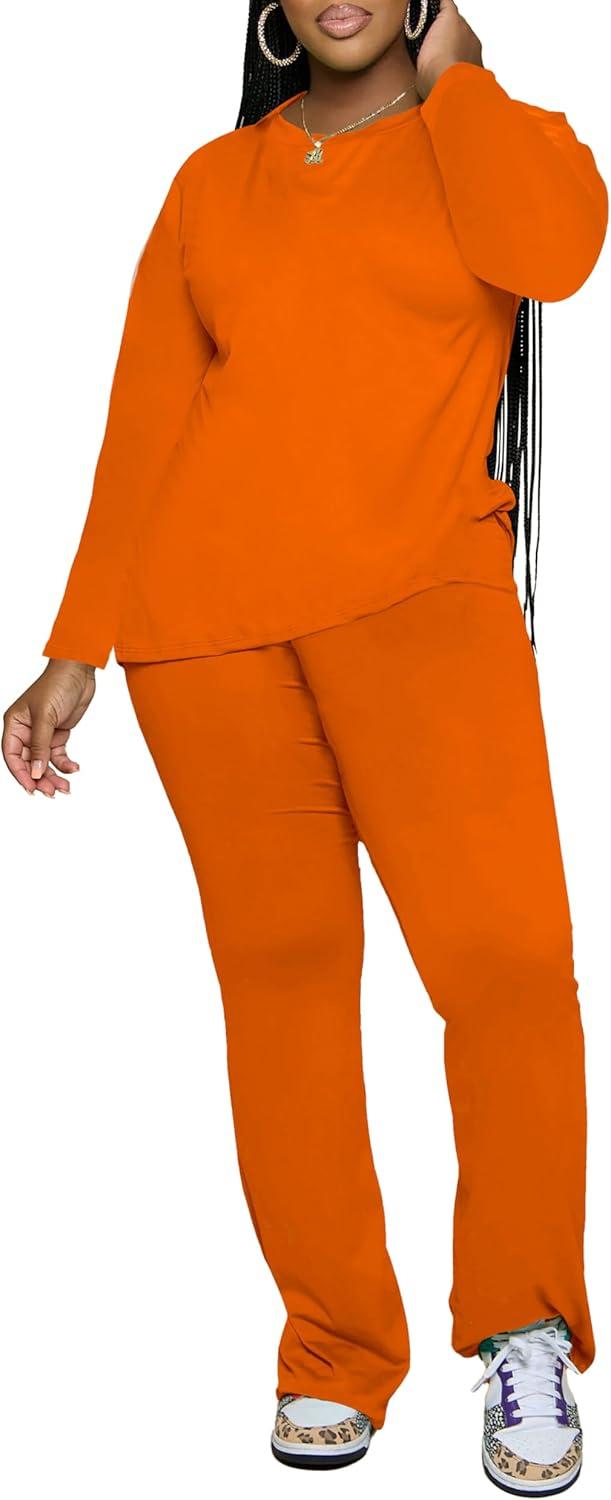 imagePINSV Womens 2 Piece Outfits Casual Sets Long Sleeve Top and Flare Pants Lounge Sets TracksuitOrange