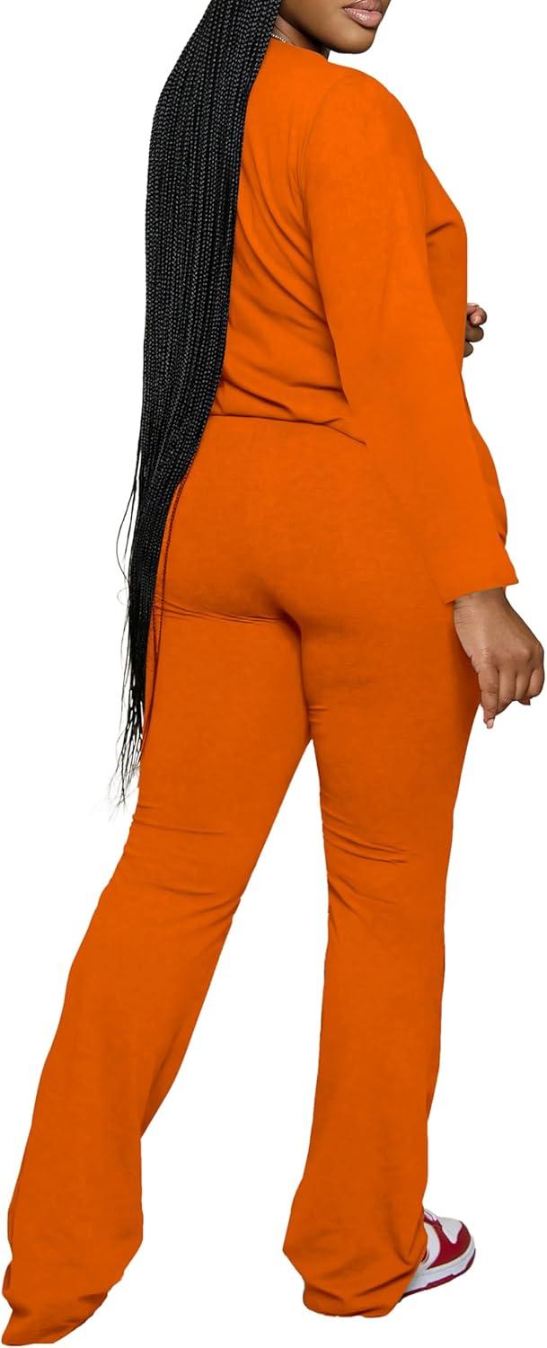 imagePINSV Womens 2 Piece Outfits Casual Sets Long Sleeve Top and Flare Pants Lounge Sets TracksuitOrange