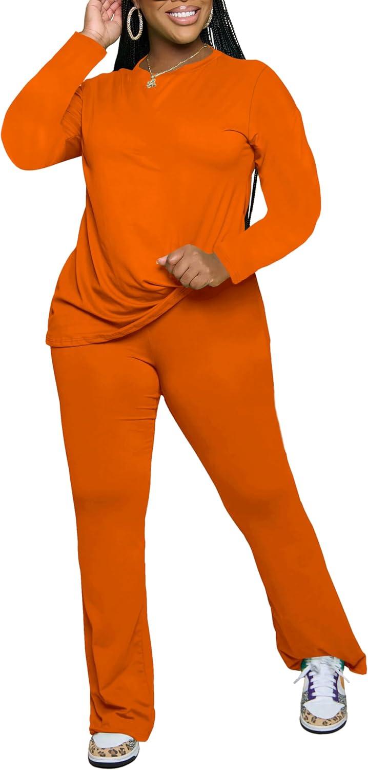 imagePINSV Womens 2 Piece Outfits Casual Sets Long Sleeve Top and Flare Pants Lounge Sets TracksuitOrange