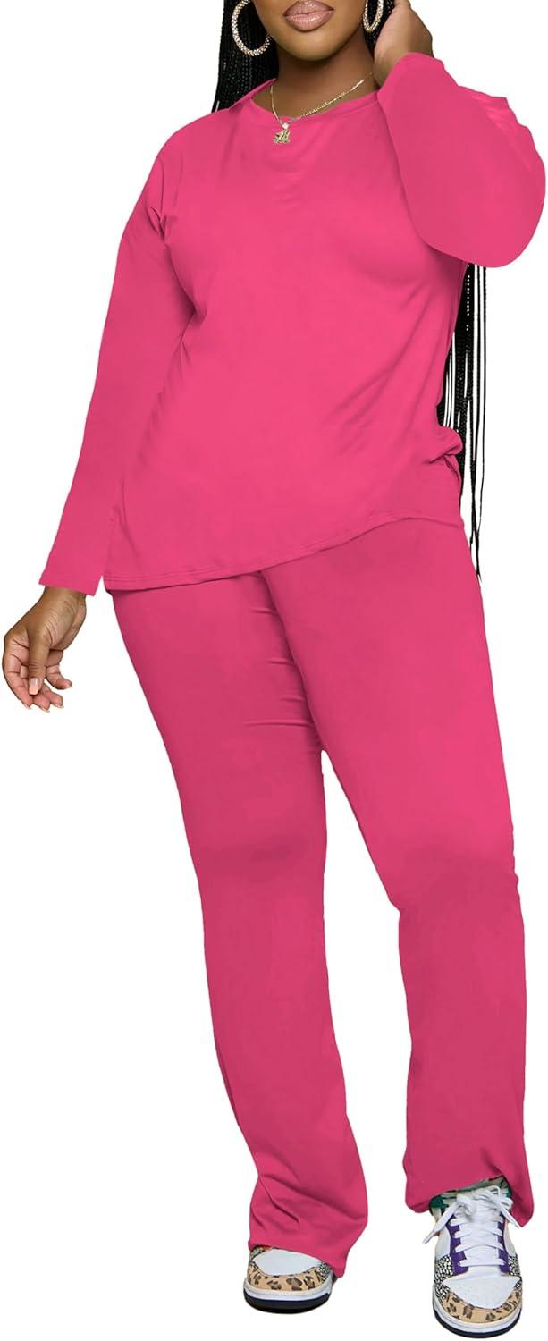 imagePINSV Womens 2 Piece Outfits Casual Sets Long Sleeve Top and Flare Pants Lounge Sets TracksuitRose Red