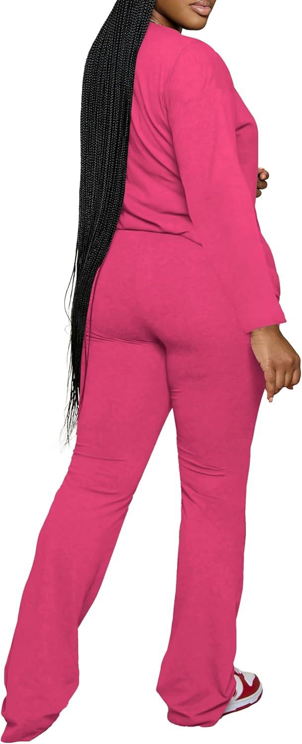 imagePINSV Womens 2 Piece Outfits Casual Sets Long Sleeve Top and Flare Pants Lounge Sets TracksuitRose Red