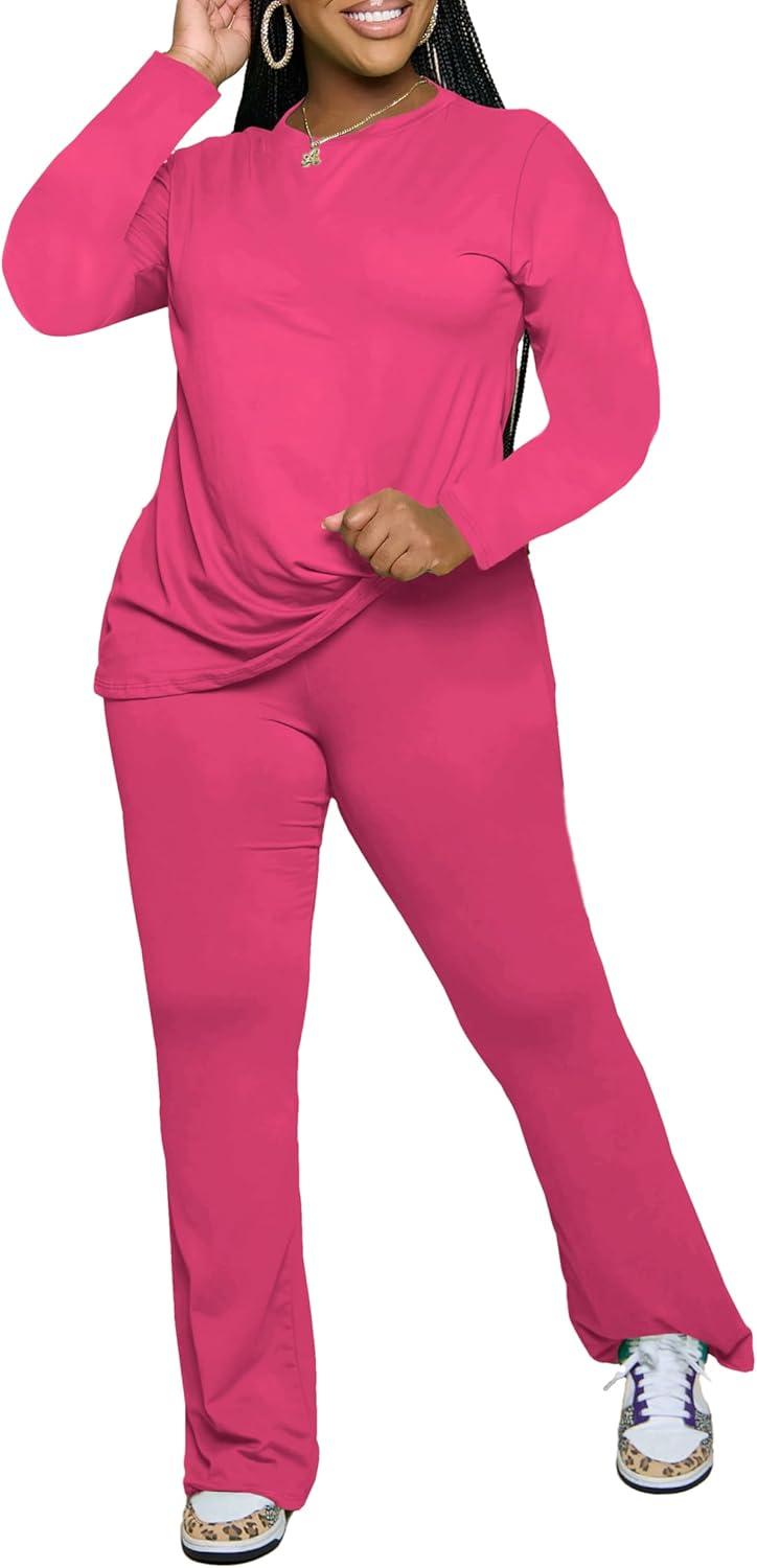 imagePINSV Womens 2 Piece Outfits Casual Sets Long Sleeve Top and Flare Pants Lounge Sets TracksuitRose Red