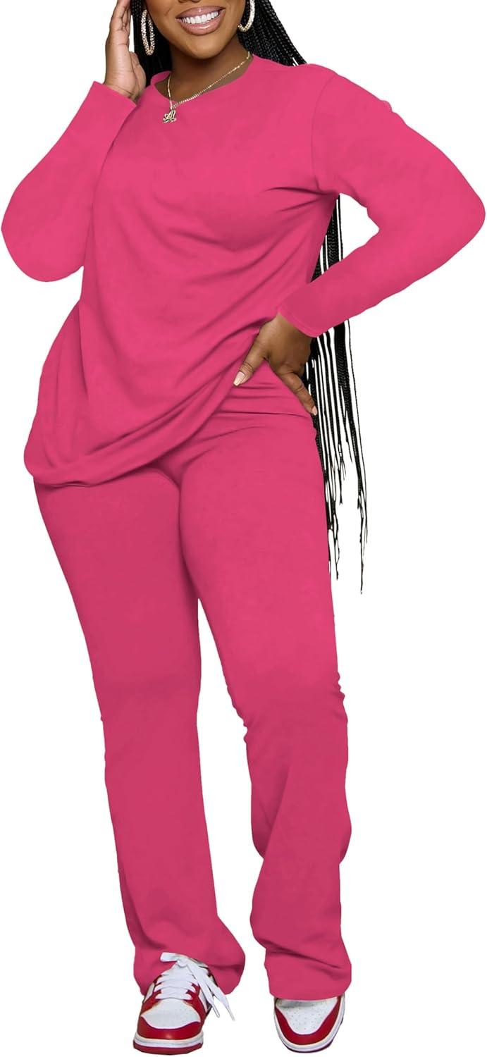 imagePINSV Womens 2 Piece Outfits Casual Sets Long Sleeve Top and Flare Pants Lounge Sets TracksuitRose Red