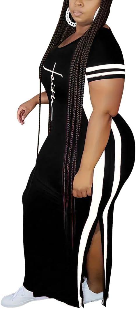 imagePINSV Womens Plus Size Maxi Dress Summer Casual Short Sleeve Split Long DressesBlack