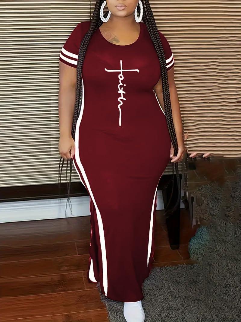 imagePINSV Womens Plus Size Maxi Dress Summer Casual Short Sleeve Split Long DressesBurgundy