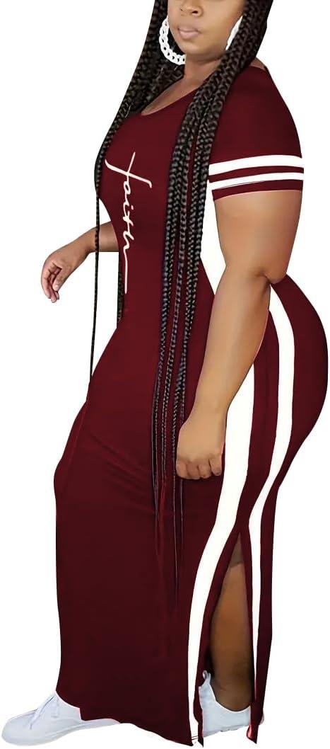 imagePINSV Womens Plus Size Maxi Dress Summer Casual Short Sleeve Split Long DressesBurgundy