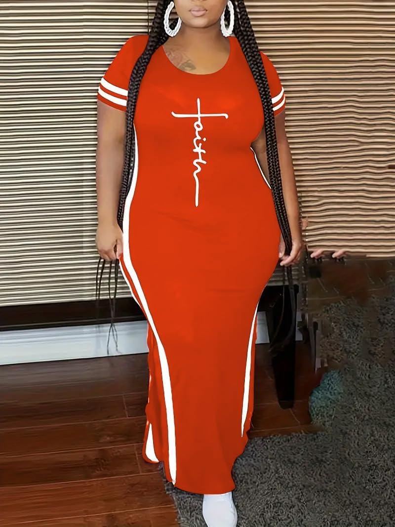 imagePINSV Womens Plus Size Maxi Dress Summer Casual Short Sleeve Split Long DressesOrange