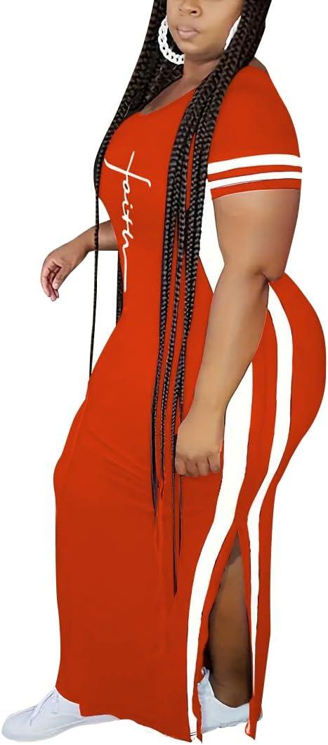 imagePINSV Womens Plus Size Maxi Dress Summer Casual Short Sleeve Split Long DressesOrange