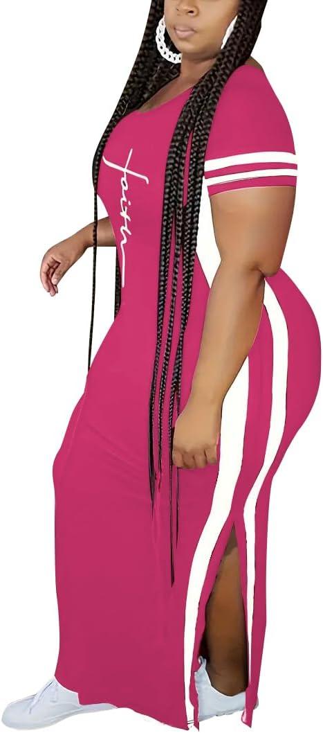 imagePINSV Womens Plus Size Maxi Dress Summer Casual Short Sleeve Split Long DressesRose Red