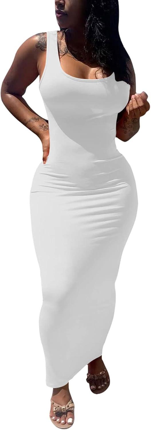 imagePINSV Womens Sexy Bodycon Tank Dress Basic Sleeveless Long Maxi Dresses Party Club Beach Sundresses White L