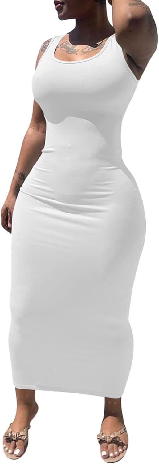 imagePINSV Womens Sexy Bodycon Tank Dress Basic Sleeveless Long Maxi Dresses Party Club Beach Sundresses White L