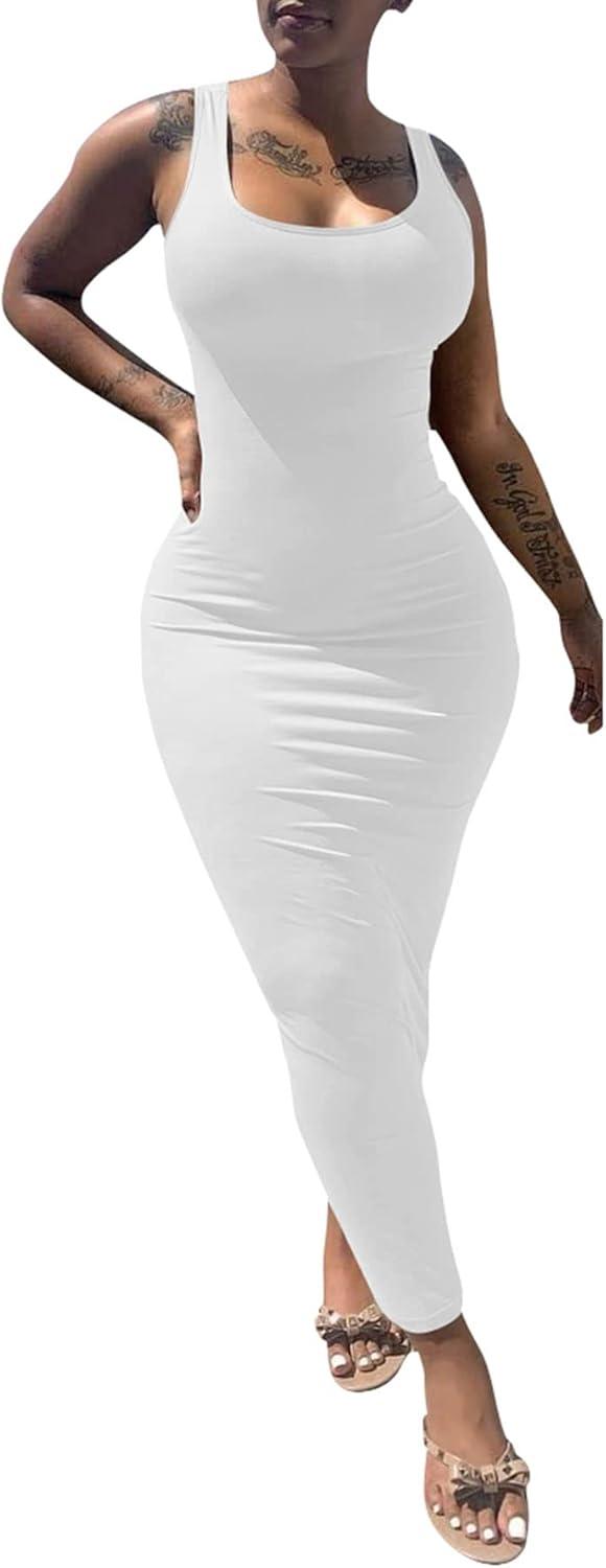imagePINSV Womens Sexy Bodycon Tank Dress Basic Sleeveless Long Maxi Dresses Party Club Beach Sundresses White L