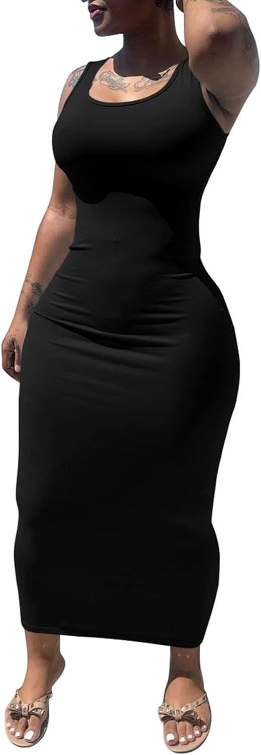 imagePINSV Womens Sexy Bodycon Tank Dress Basic Sleeveless Long Maxi Dresses Party Club Beach SundressesAblack